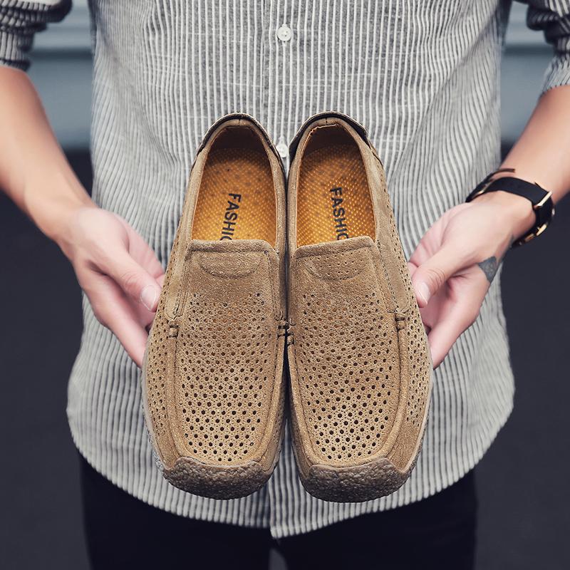 Fashion Summer Men Loafers Luxury Genuine Leather Mens Shoe Suede Male Casual Shoes Breathable Soft Driving Shoes Walking Shoes