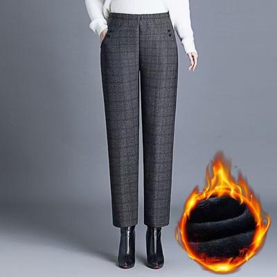 Autumn Winter Women Plus Fleece Casual Plaid Pencil Pants Korean Fashion Streetwear Clothing High Waist Warm Straight Trousers