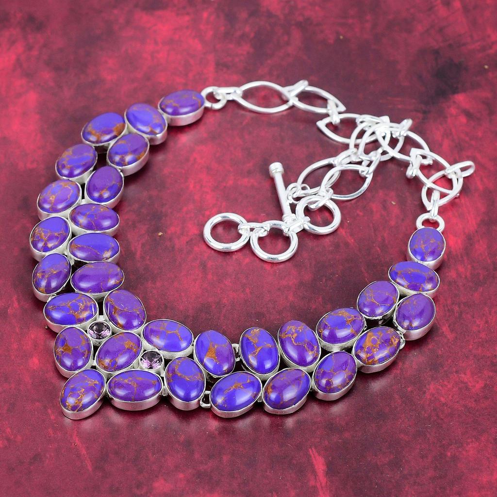 Purple Copper Turquoise 925 Solid Sterling Silver Necklace, Handmade Gemstone Necklace Jewelry, Gifts For Wife Brand New Necklace