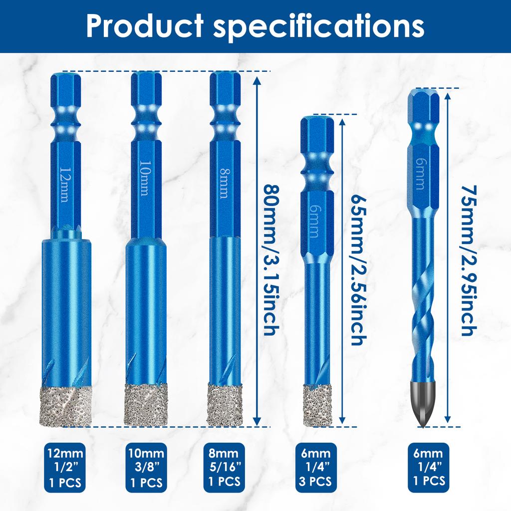 7PCS Diamond Drill Bits Set 6-12mm Quick-Fit Shank Core Bit Portable Efficient Tile Hole Saw Kit for Tile Granite Marble Masonry