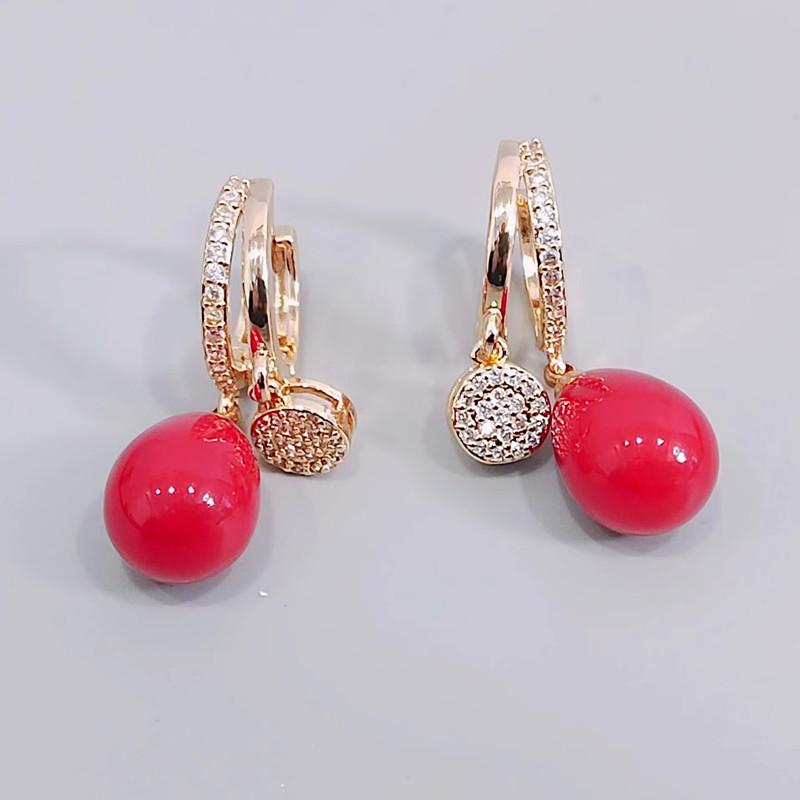 Trendy Red Imitation Pearls Drop Earrings for Women Fashion Zircon Hoop Earring Jewelry Party Accessories