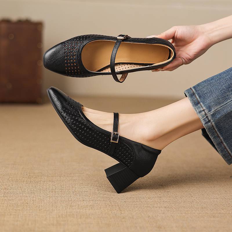 Krazing Pot Sheepskin Round Toe Thick Heels Summer Shoes Solid Big Size 42 Hollow Decoration Women Shallow Pumps