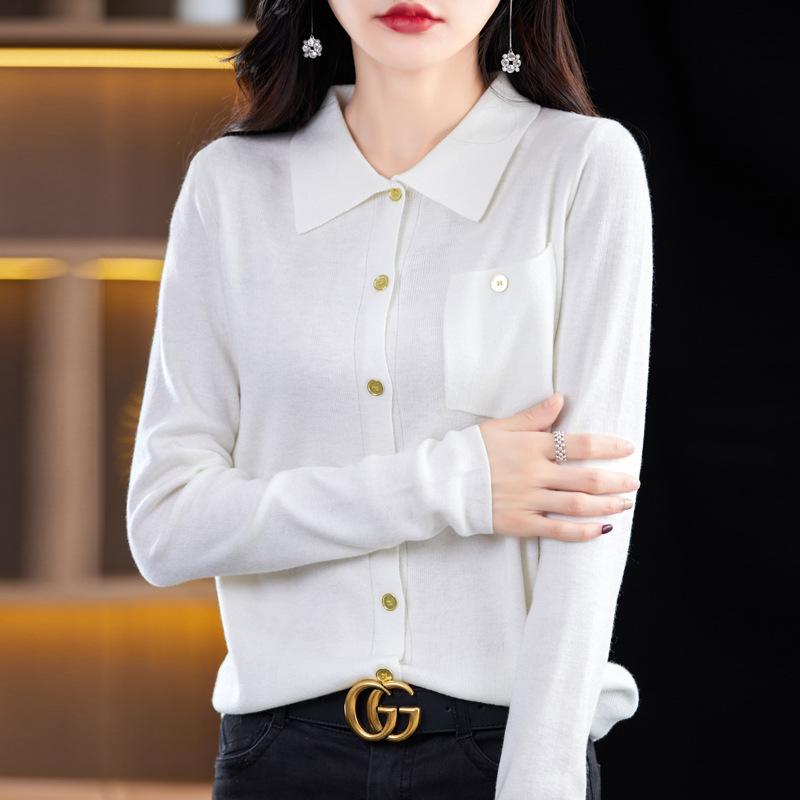 

Рубашка поло с длинным рукавом, женский свитер, осенний прямой трикотажный топ с лацканами XXL жемчужина белый
