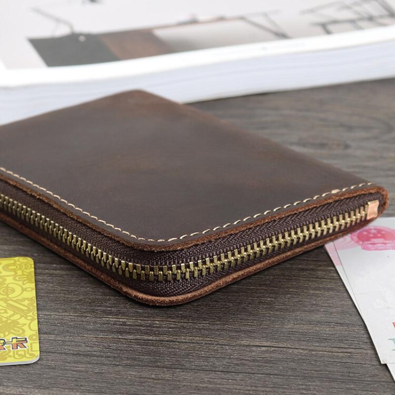 Handmade Crazy Horse Leather Wallet Retro Small Coin Money Bags Simple Wallets Zipper Pouch Card Holdes