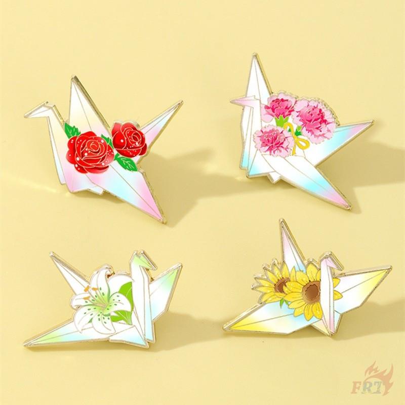 

4Pcs/Set Flower Paper Cranes Brooches - Doodle Enamel Backpack Button Pins Badges