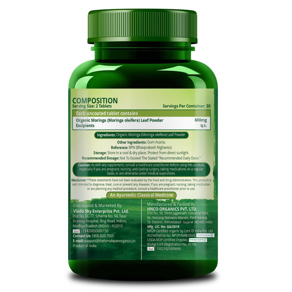Vlados Himalayan Organics Bio-Moringa-Tabletten 1200 mg Extrakt 60 Stück für Energie Immunität Verdauung