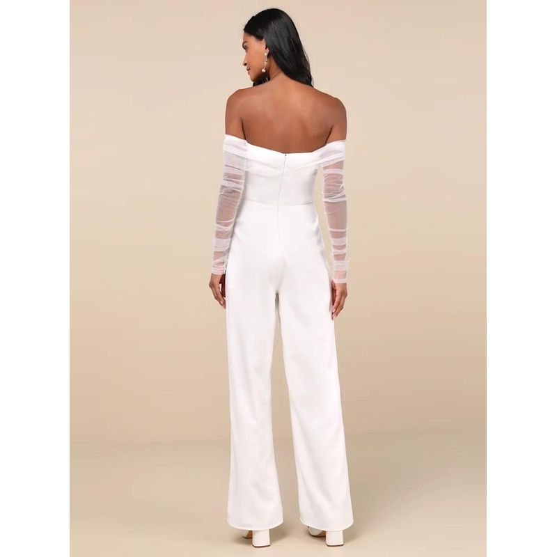 Foreign Trade Order Lu's Summer New Mesh Perspective Long Sleeve off-Shoulder Simple White Fashion Jumpsuit Women