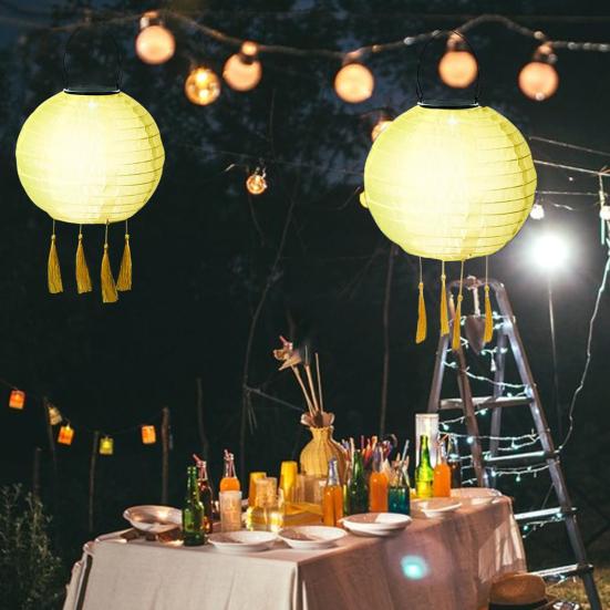 Hanging Solar Lantern Outdoor Round Chinese Style Lantern with 4 Tassels Solar LED Light for Garden Patio Wedding Party Decoration