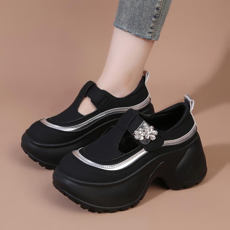 Glitter Decoration Casual Shoes Women 2025 Autumn Thick Bottom Mary Jane Shoes Soft Chunky Platform Velcro Sneakers