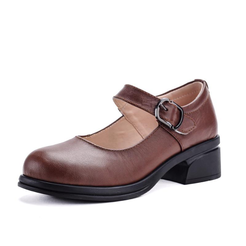 Spring new single shoes soft leather work shoes shallow mouth one-word buckle medium heel small leather shoes women's leather