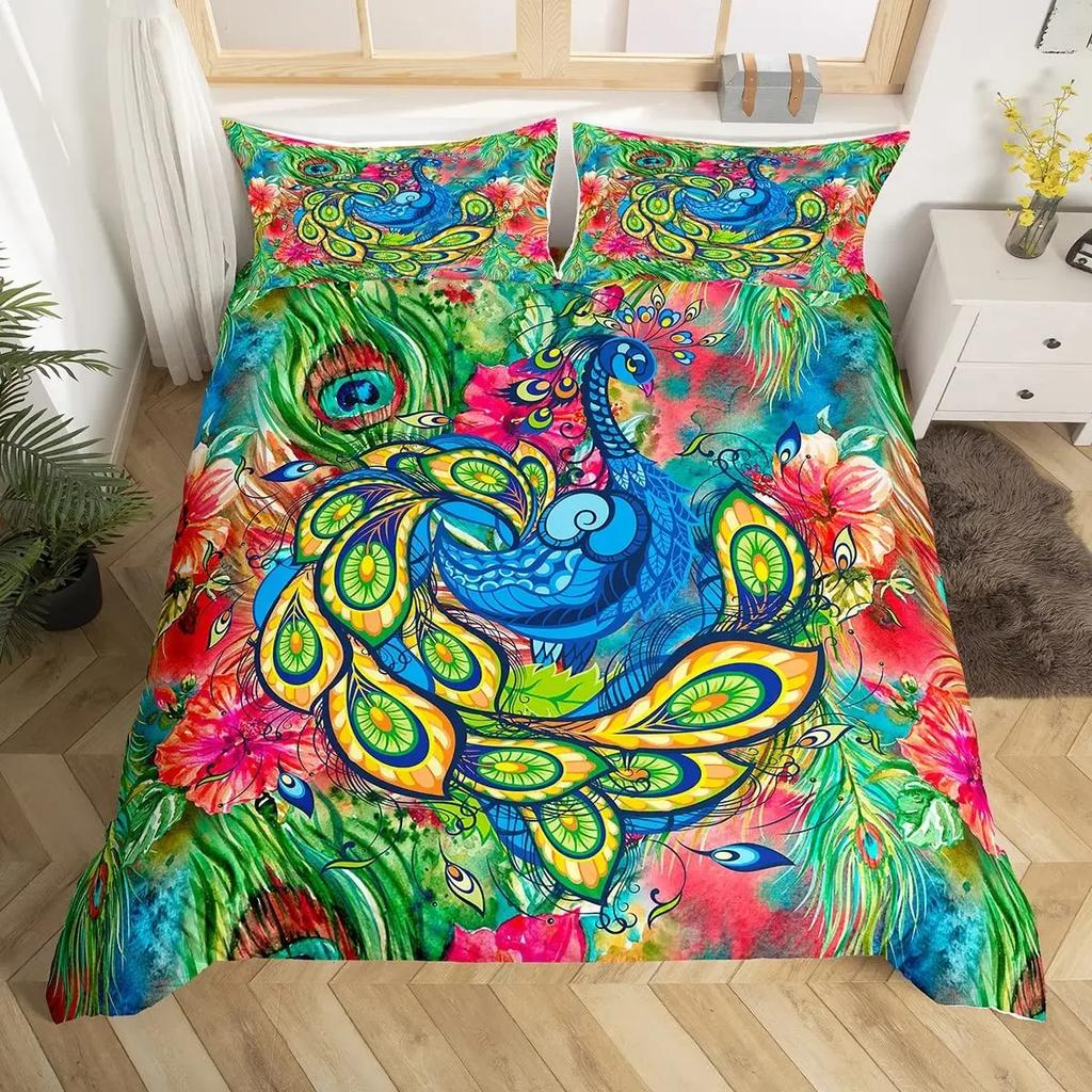 Conjunto de Capa de Edredom Pavão de Luxo Tamanho Twin King Queen Selva Selvagem Animal Capa de Colcha Microfibra Pássaro Exótico Animal Conjunto de Roupa de Cama