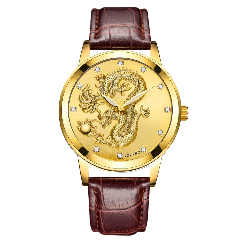 Chinese Style Fashion Diamond-encrusted Waterproof Gold Dragon Pattern Men's Watch Men's Watch Belt Watch Quartz Watch