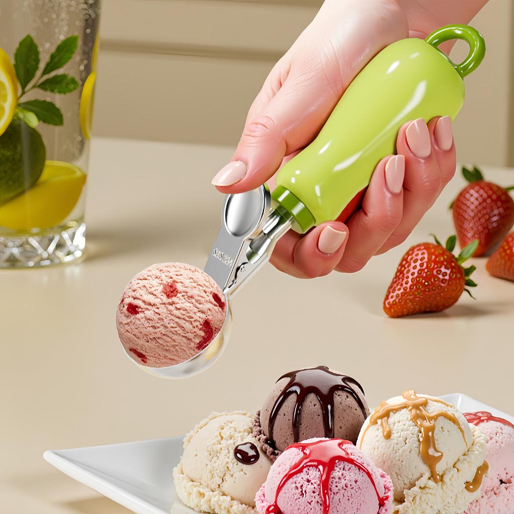 Ergonomic Ice Cream Scoop with Stainless Steel Spoon ,Green and White, Perfect for Scooping Soft Serve