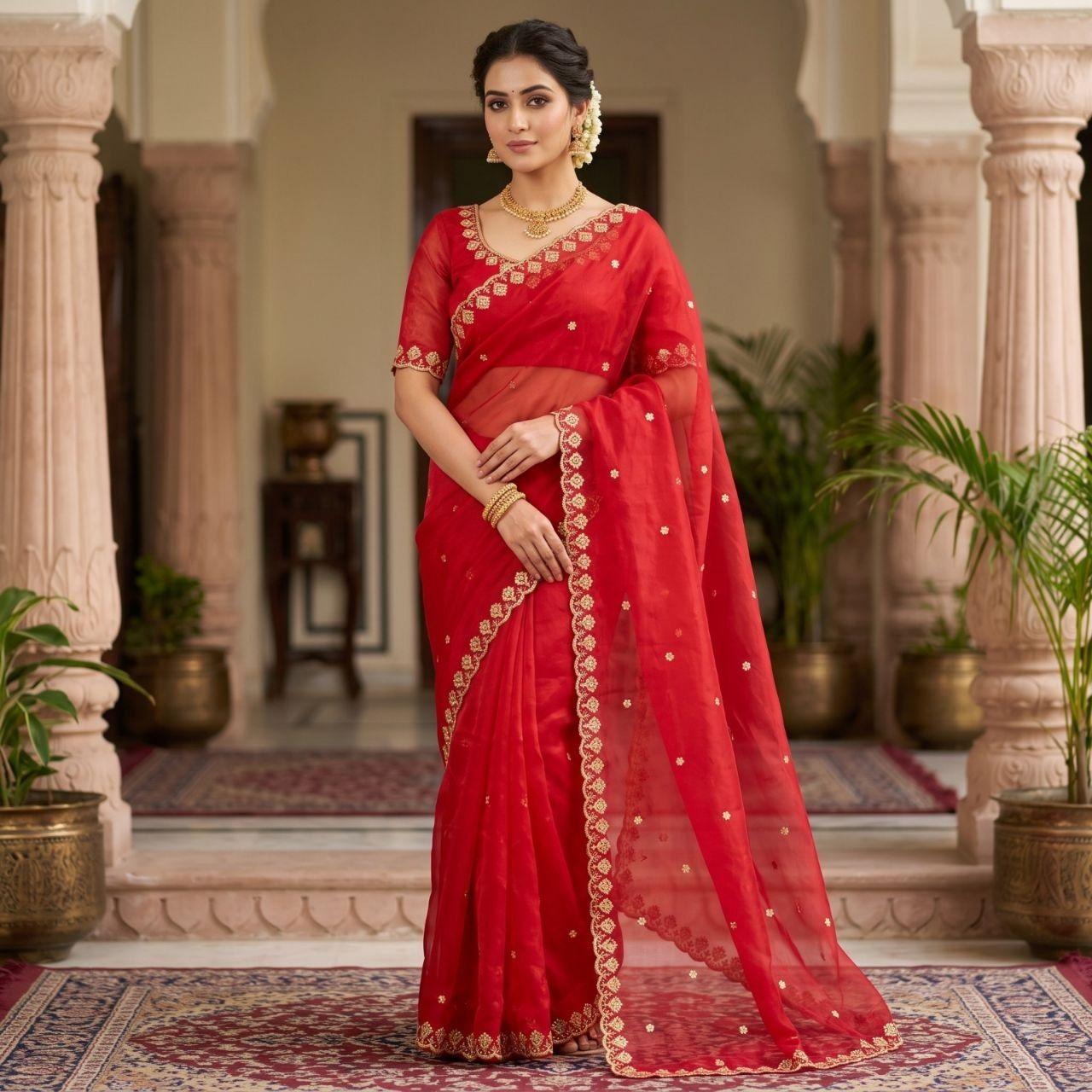Saree Moale din Mătase Brodat cu Stele Zari Aurii red