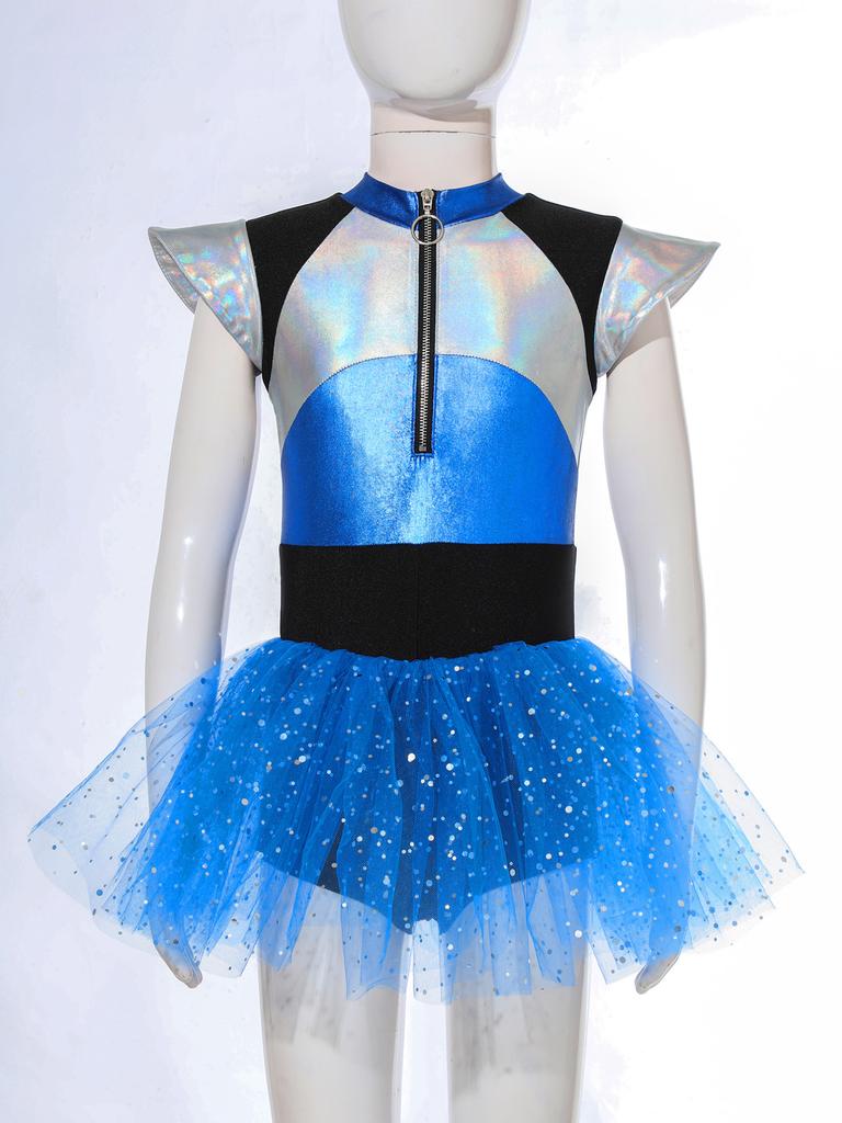 Costume d'alien métallique pour fille, robe tutu brillante en maille à manches courtes, tenues d'Halloween et de cosplay