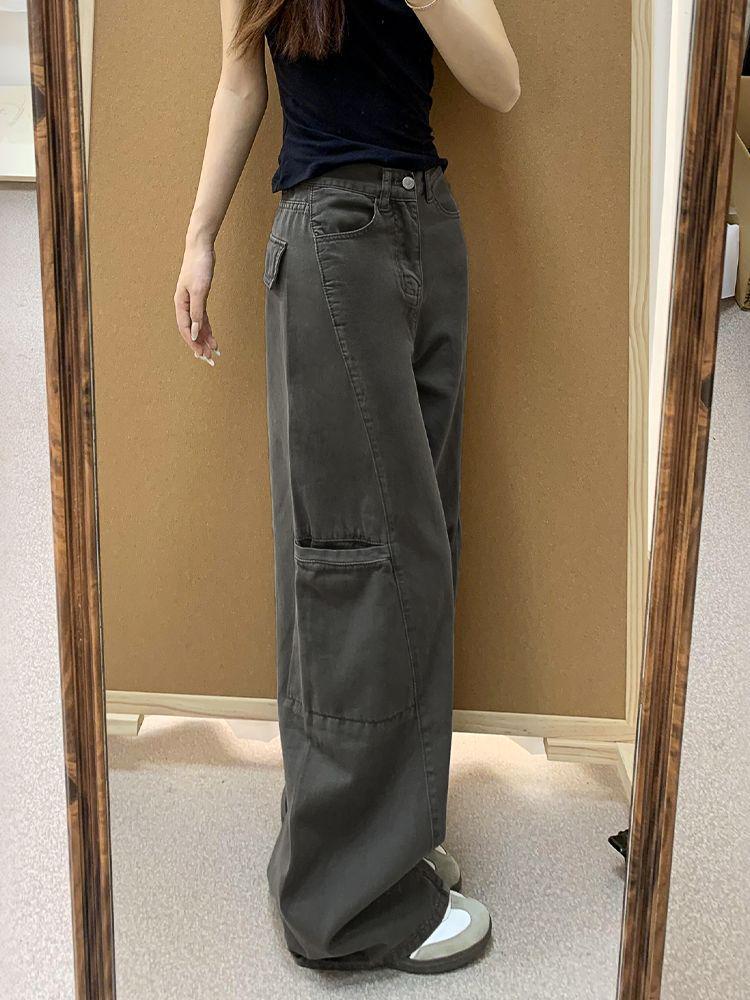 Extra Long Grey Wide-Leg Cargo Jeans for Women - Loose High Waist, Slimming, Straight-Leg, Floor-Length