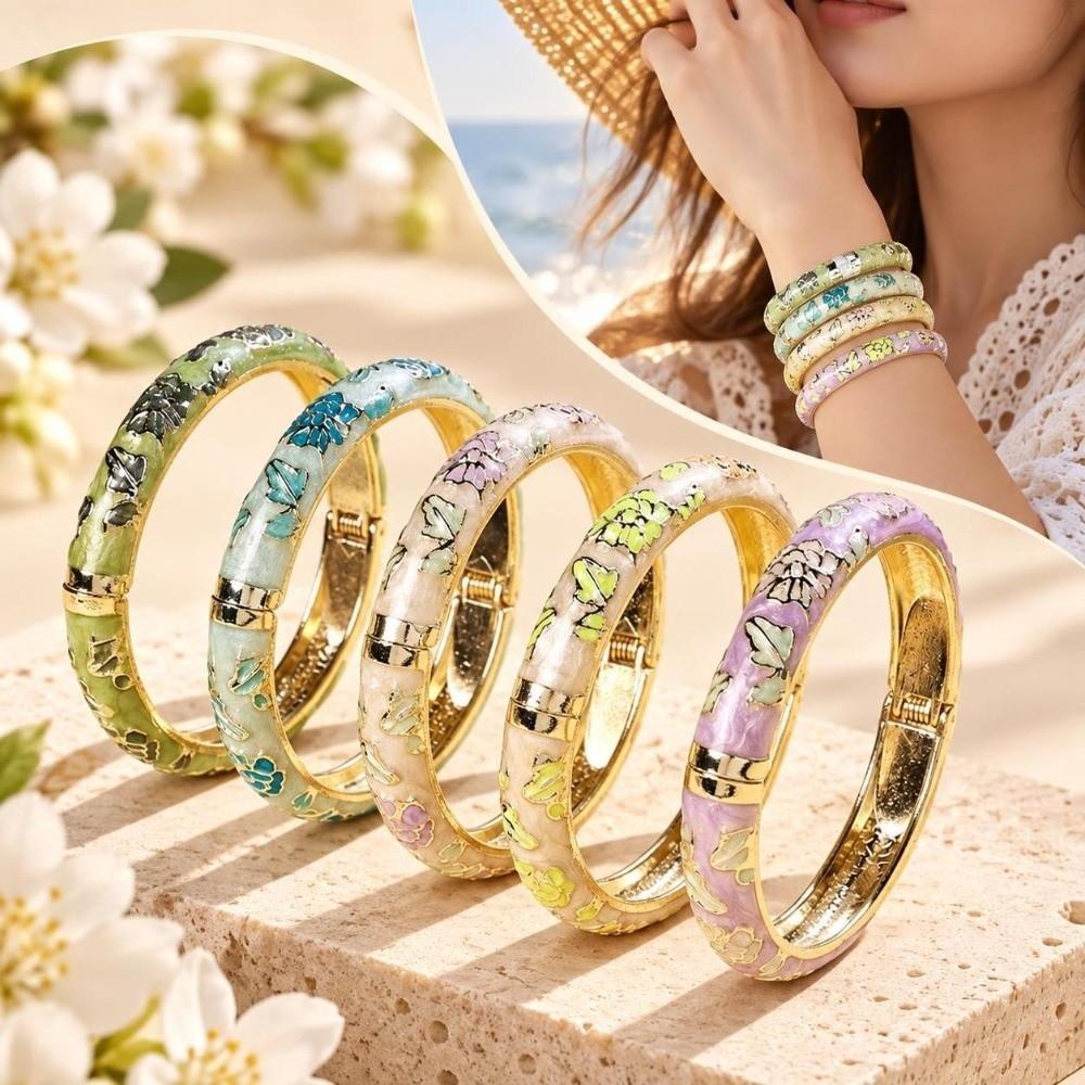 Spring Loaded Opening Cuff Bracelet Cloisonne Enamel Wrist Jewelry Travel Souvenir Gift