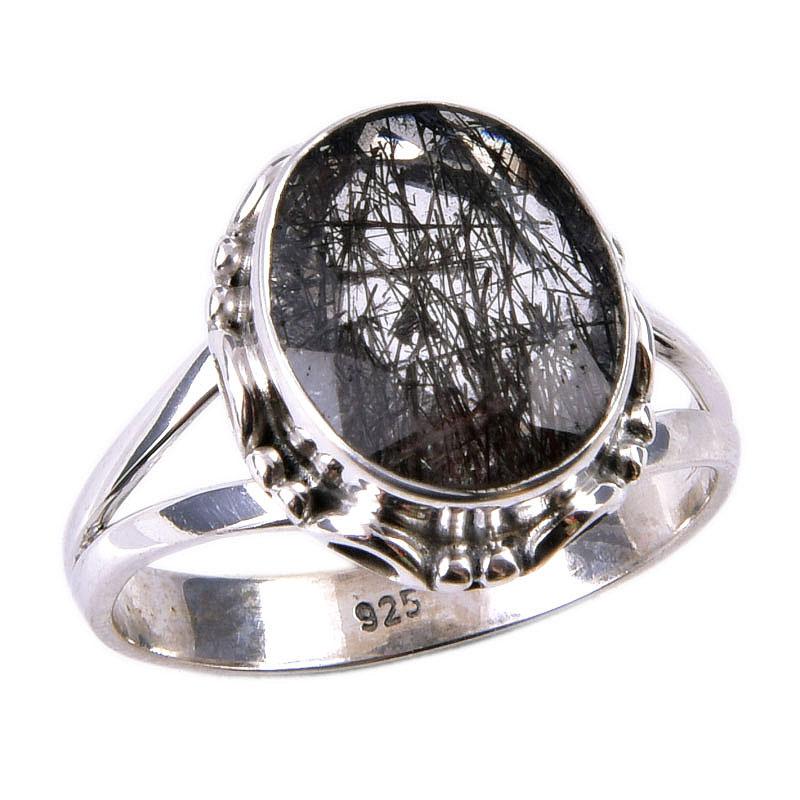 Natural Black Rutile Gemstone 925 Solid Sterling Silver Jewelry Ring Size 8 L3Z16