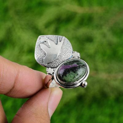 Regalo per Donna Anello Regolabile Impilabile Uccello Argento 925 Rubino Naturale Zoisite