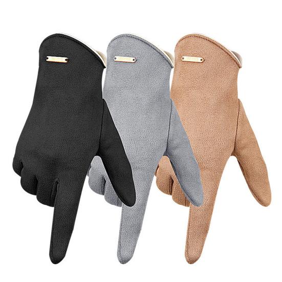 1 Pair Winter Cycling Gloves for Women Men Solid Color Touch Screen Five Finger Gloves Plush Lining Skiing Gloves
