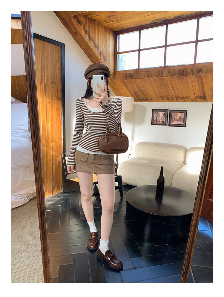 Petite Korean Style Faux Layer Striped T-Shirt for Women - Autumn/Winter 2025 Arrival