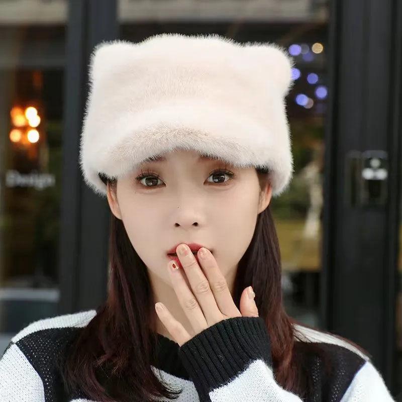 2023 Korean Style Waterproof Mink Bear Hat with Cat Ears - Warm Spring/Autumn Fashion for Women
