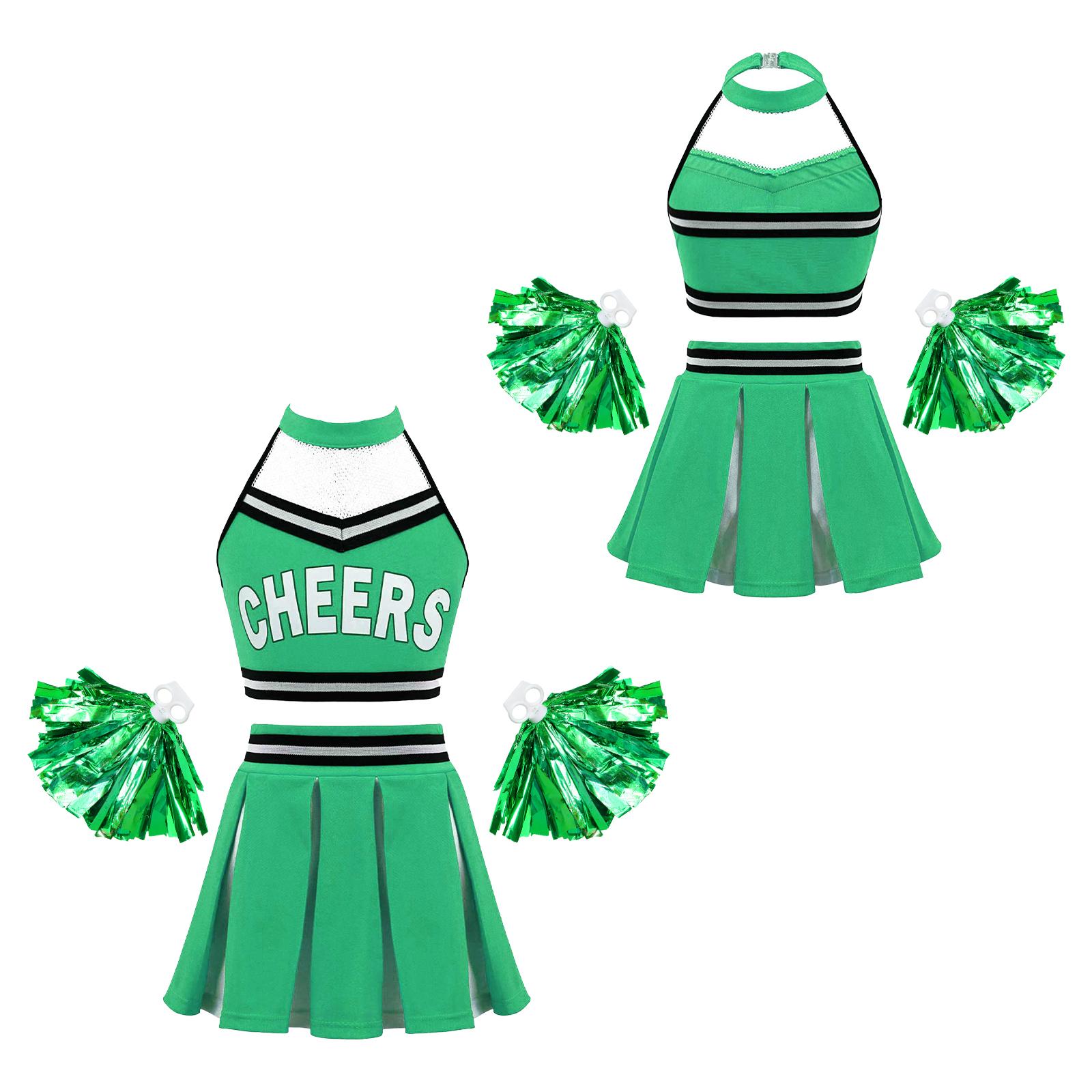 

Костюми для черлідингу. Дитячий набір танцювального одягу для дівчаток. Укорочений топ з літерами + спідниця + квіти для рук 11-12 Years зелений