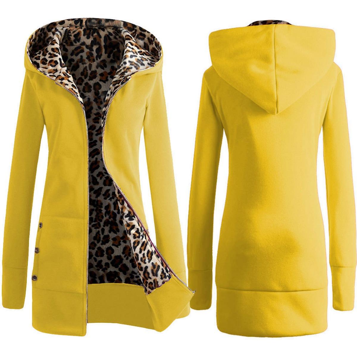 Women s  Fall Winter Leopard Print Hooded Thickened Fleece Sweatshirt Plus Size Casual Coat S жёлтый