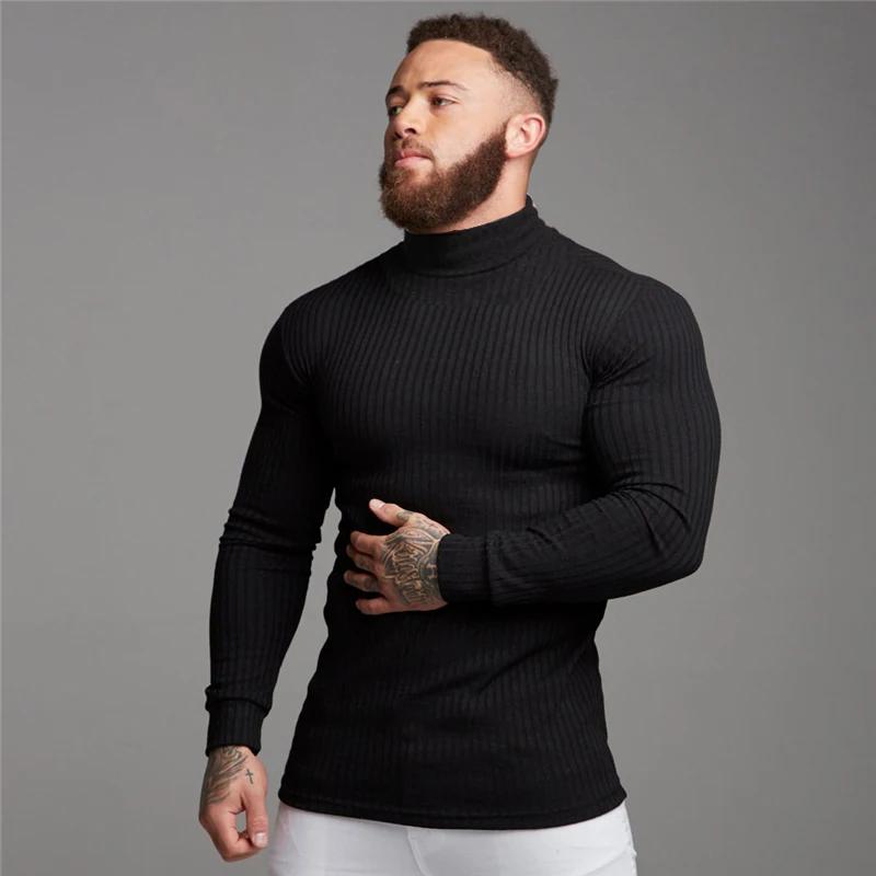 Muscleguys Autumn Turtleneck Mens Running T-shirts Thin Knitted Sports Sweaters Roll Neck Pit Strip Slim Fit Gym Fitness Pullover T Shirts