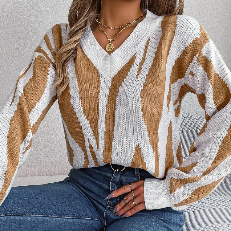 Loose Knitwear Vintage Cardigan Sweater Long Sleeve V Neck Autumn Winter Color Print Top