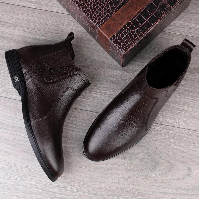 Fashion Warm Plush Fur Men Dress Boots Fashion Chelsea Boots Business Genuine Leather Casual Shoes British Style Short Boots Ankle Botas