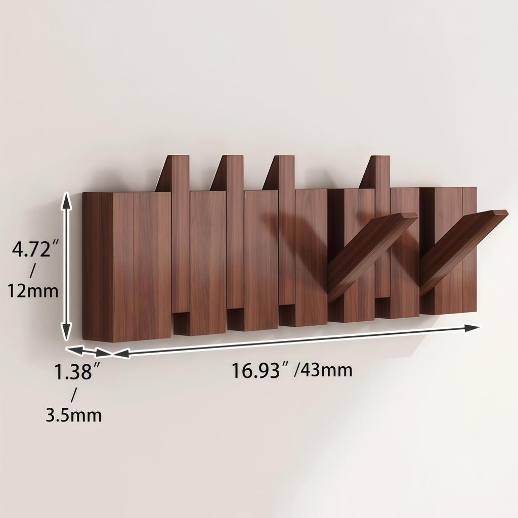 [Wall-Mounted Coat Rack] 1pc Natural Wood Wall-Mounted Coat Rack with Hooks -Piano-Shaped Accordion Design,Walnut Finish,Space-Saving Vertical Storage
