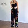 2 Pcs/Set Women Vacation Outfit V Neck Backless Sleeveless Camisole High Waist Wide Leg Printed Pants Set Beach Crop Top Trousers Set Resort Wear