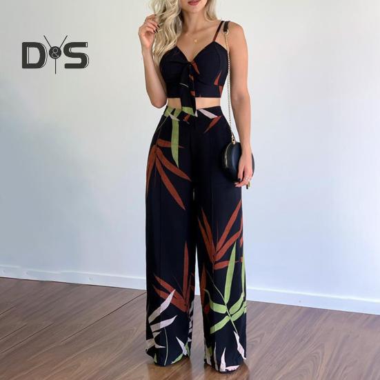 2 Pcs/Set Women Vacation Outfit V Neck Backless Sleeveless Camisole High Waist Wide Leg Printed Pants Set Beach Crop Top Trousers Set Resort Wear