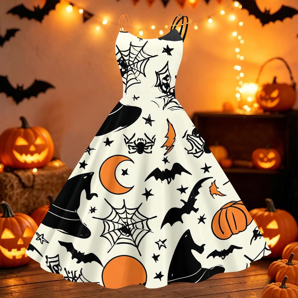 Womens Halloween Print Dress Off Shoulder Punk Style Vintage Flared Skirt Spaghetti Strap Sleeveless Dress for Party