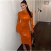 Solid Color High Waist Fitted Long Dress With Round Neck Fly Sleeve Street Style Women