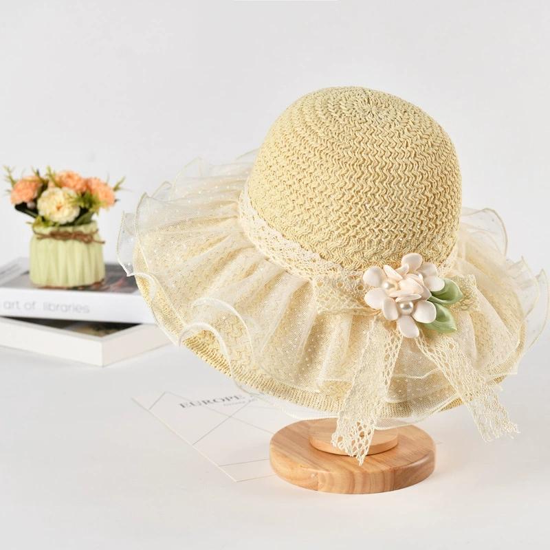 Summer Lace-Trimmed Straw Hat With Flower Decoration Large Brim Sun Protection Hat Beach Hat For Women On Seaside Vacation