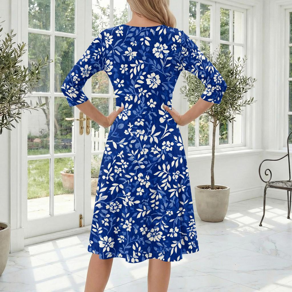 Women's Casual Fashion Round Neck Three Quarter Sleeve Printed Midi Dress