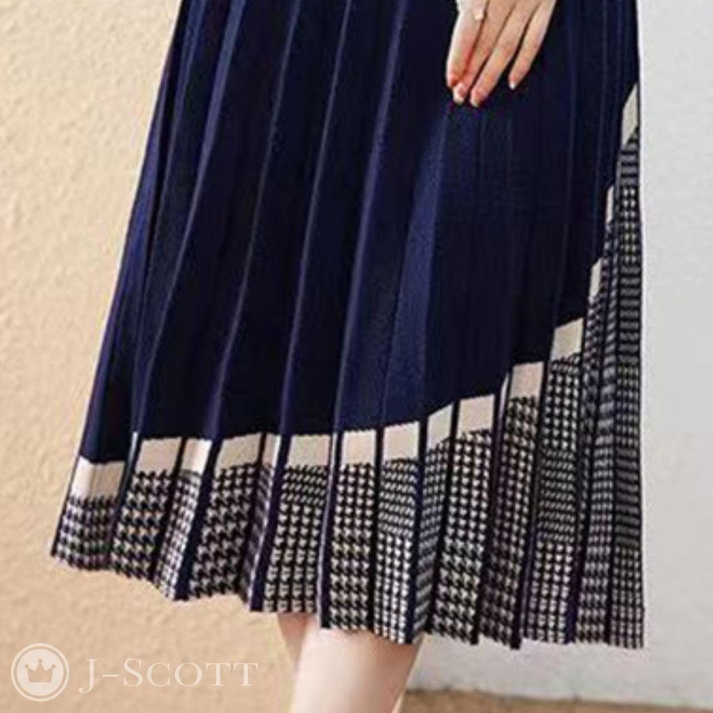 Pleated Glen Plaid Knit Midi Fit Boat J-Scott Women's Dress, Length, & Flare, Neck, Navy, JS161-NV-M