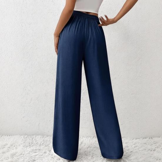 Women Pants Loose Fit Elastic Waist Straight Wide Leg Casual Pants with Pockets Pure Color Work Travel Trousers Daily Wear