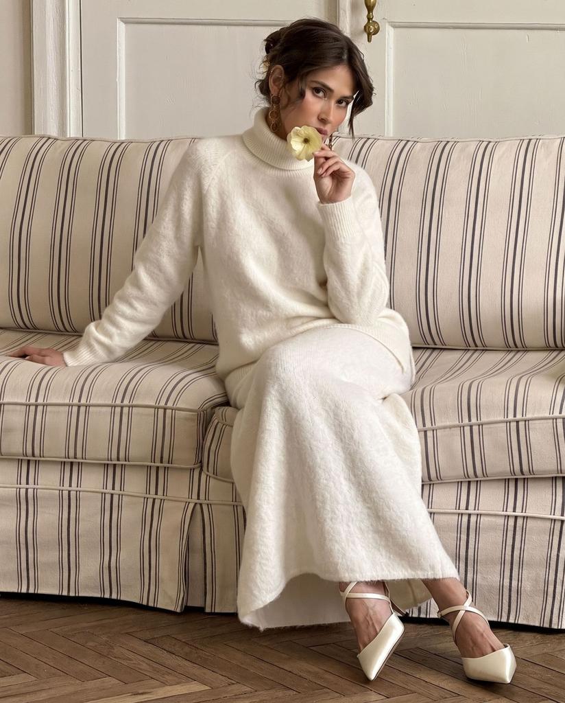 2026 New Fall Winter Women's Loose Knit Set Wool Blend Sweater Wide Leg Pants 2 Piece Outfit Casual Beige