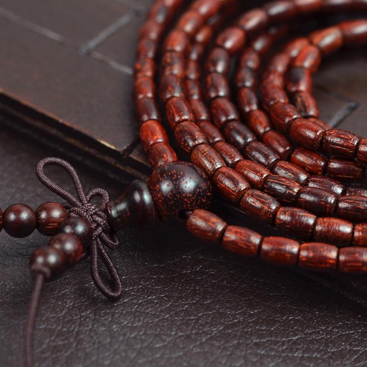 Natural Red Sandalwood Buddhist Bead Bracelet with Rice and Barrel-Shaped Beads
