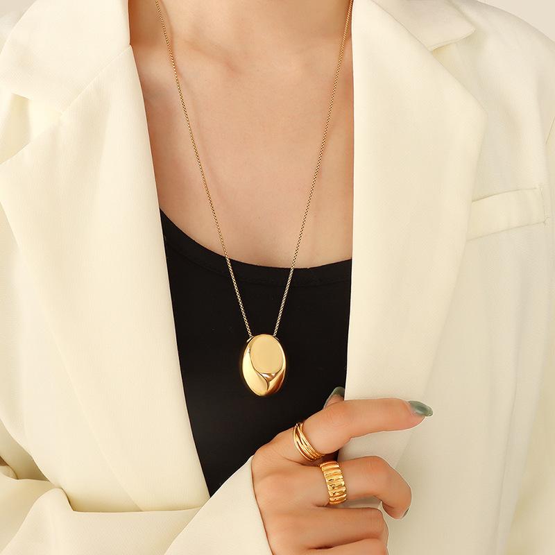 Simple Smooth Oval Pendant Long Necklaces For Women Stainless Steel Gold copper Color Women's Sweater Chain Fashion Zircon Gift