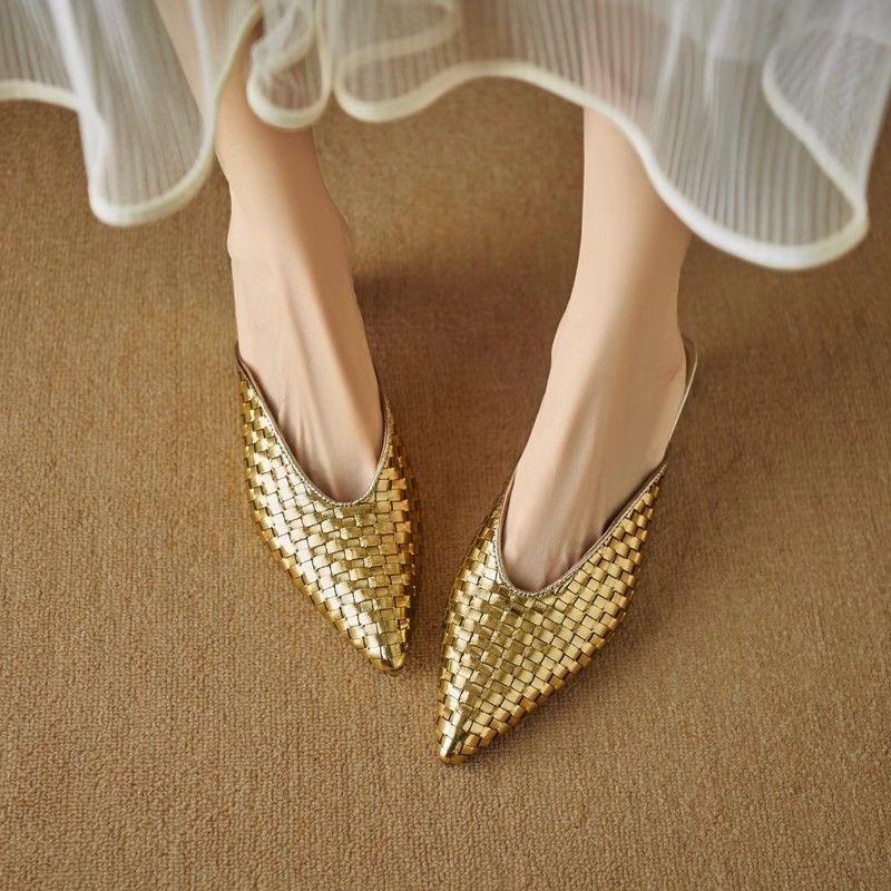 Shoes for Women Gold Slides with Heel Woman Mules Slippers Pointed Toe Shoe Original Elegant and Fashionable Low Price Sandals