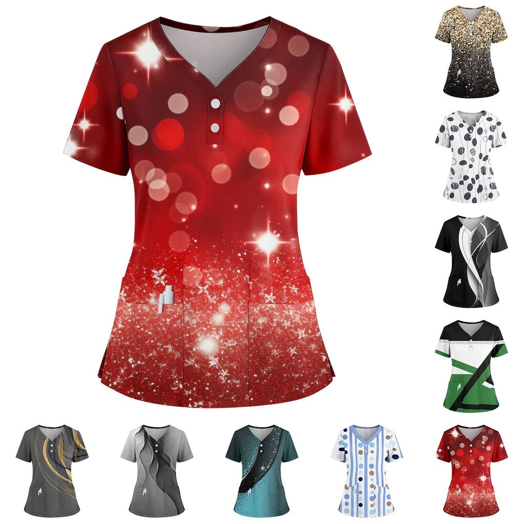 Women's Loose Short Sleeved Fashionable Polka Pots And Geometric Printing V-neck Buttonable Side Slit Top T-shirt