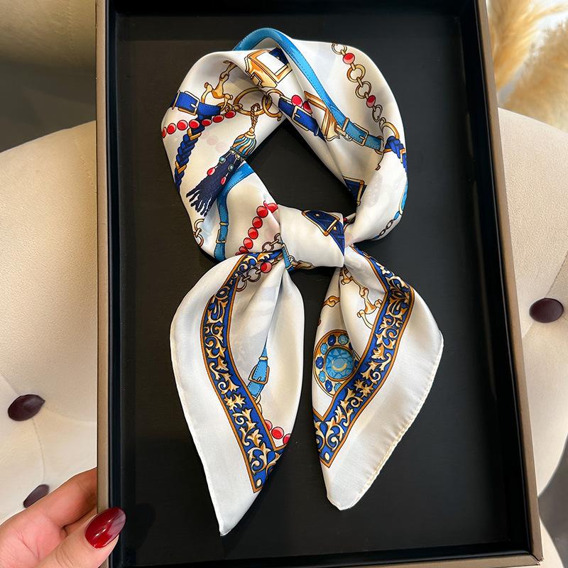 Luxury Horse Chain Silk Scarf For Women Simulated Silk Satin Neckerchief Fashion Versatile Headwear Bag Clothing Accessories