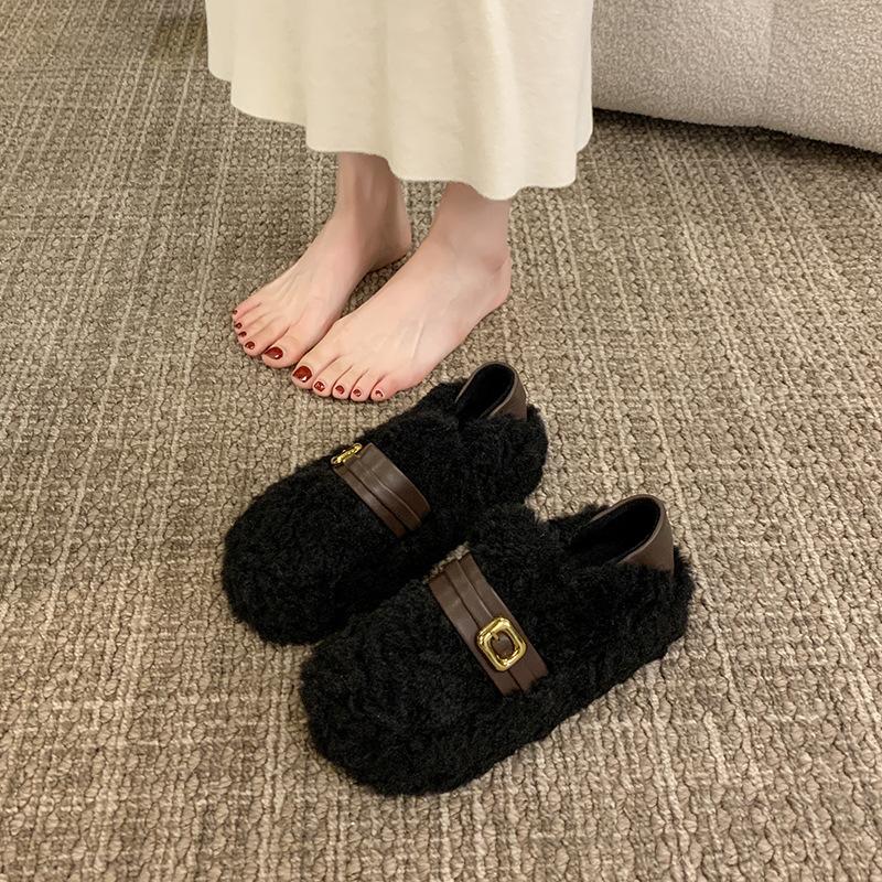 Fluffy Warm Fluffy Shoes for Women's 2025 New Winter Thick-soled Belt Buckle, Fleece Warm One-pedal Cotton Shoes
