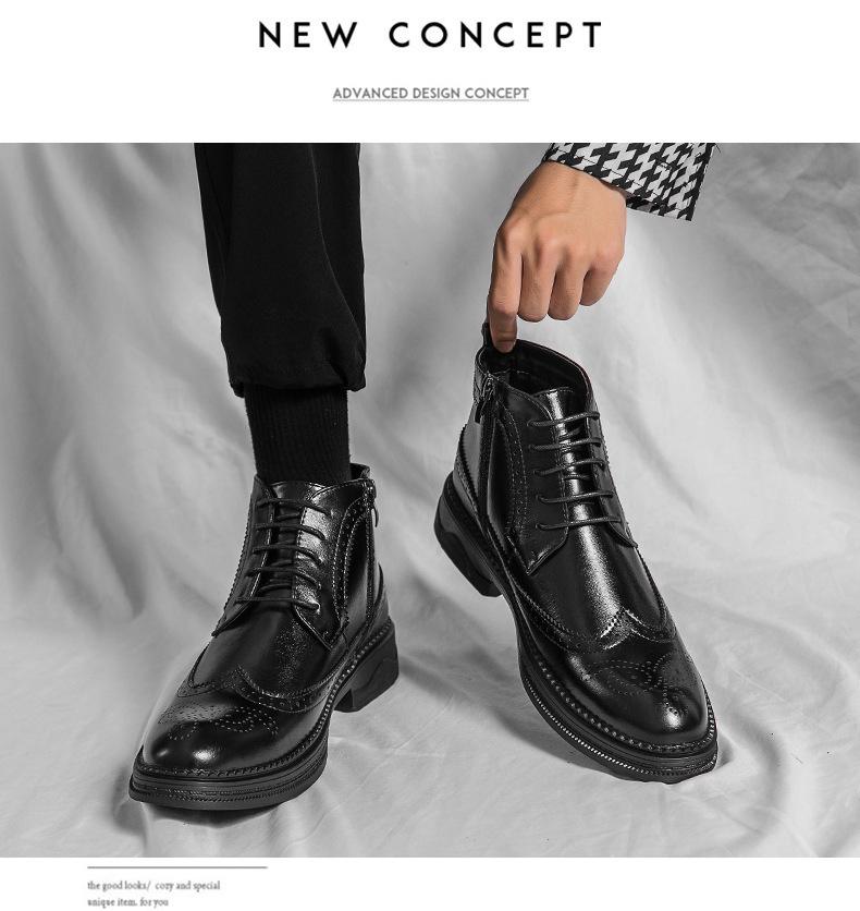 Brogue Martin Men's Autumn Pointed Toe High-Top Leather Chelsea Boots - European & American Mid-Calf Style