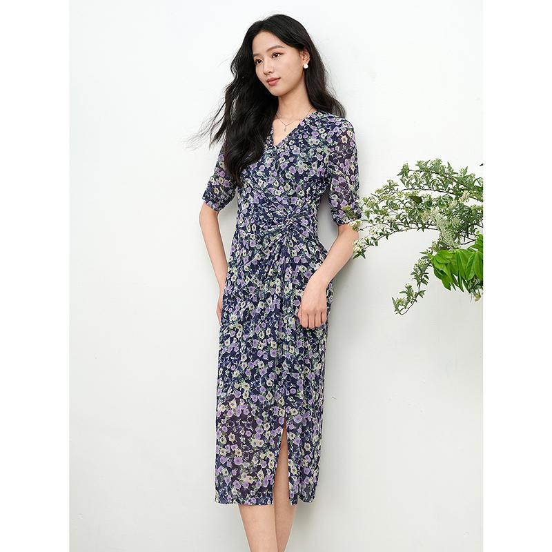 JUZUI Elegant Light Mature Wind Mesh Waist Floral Dress 2025 Summer New Style