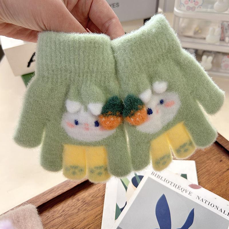 Grass plum rabbit children's gloves baby full finger thickened warm year old full finger child finger cover new gloves